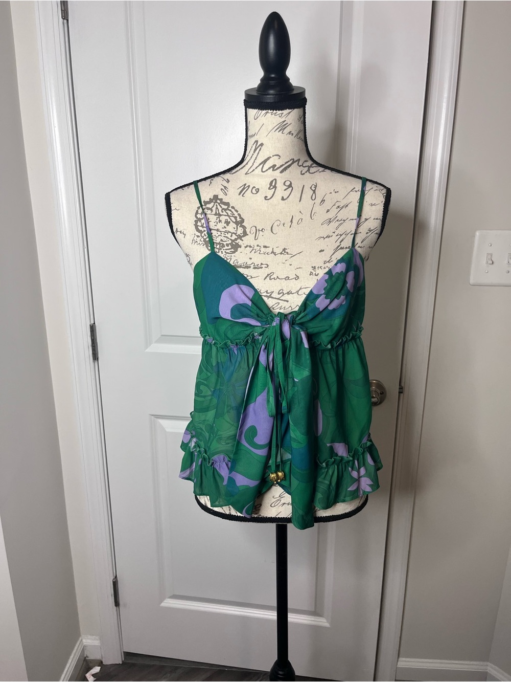 Mac Duggal Green and Purple Floral Tie-Front Camisole